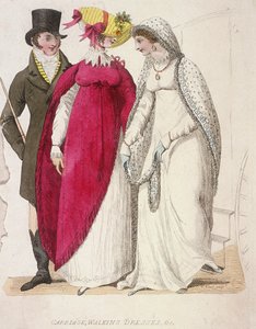 Två kvinnor bär vandringsklänningar åtföljda av en man, c1810