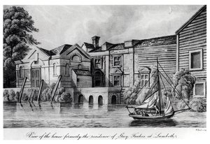 Utsikt över huset, tidigare Guy Fawkes residens i Lambeth, ca 1850 (akvatint) av W. Read