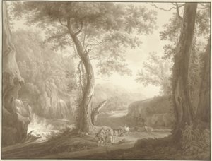 Bergslandskap med getherde och resenär av W. Regnu (possibly)