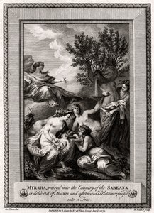 Myrrha, pensionerad till Sabeans land, levereras av Adonis..., 1775