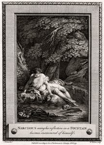 Narcissus som ser sin reflektion i en fontän blir förälskad i sig själv, 1775