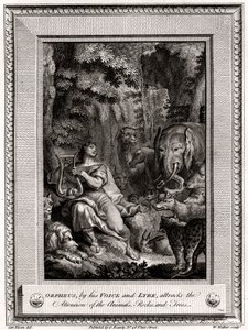 Orpheus, genom sin röst och lyra, lockar uppmärksamheten från djuren, klipporna och träden, 1774.