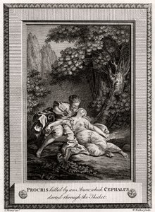 Procris dödades av en pil som Cephalus sprang genom snåret, 1775 av W. Walker
