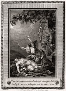 Thisbe tar svärdet som redan luktar av Pyramus blod, kastar det in i..., 1775. av W. Walker