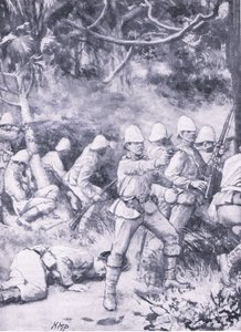 Slåss mot en väg genom skogen på väg till Coomassie, illustration från 