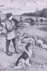 Synen av den gamla romerska bron vid Musselburgh väcker fantasin hos herdepojken John Rennie, från My Magazine, pub.1922 (litho) av Wal Paget