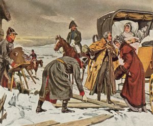 Drottning Louise flyr till Memel, 5 januari 1807 (förstärkt färglitografi) av Waldemar Friedrich