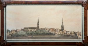 En panoramautsikt över staden Coventry (wc med penna och bläck på papper)