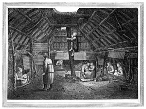 Inuti ett hus i Oonalashka, c1776-1779.