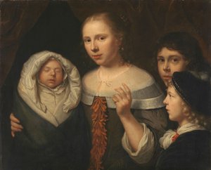 Porträtt av en ung kvinna med tre barn av Wallerant Vaillant (attributed to)