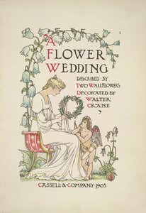 En sittande kvinna som håller en krans; en ängel tittar upp på henne av Walter Crane