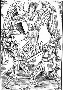 Allegori om Walter Crane: Socialismen segrar hårt i kampen mellan liberalism och torysm (det engelska konservativa partiet). Gravyr från slutet av 1800-talet. av Walter Crane