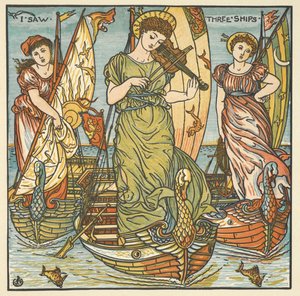 Färgillustration för "Jag såg tre skepp". Tre kvinnor, en spelar fiol, står på fartyg. av Walter Crane