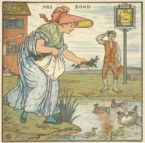 Färgillustration för "Mrs Bond". En kvinna som matar ankor utanför ett värdshus. av Walter Crane