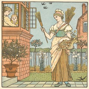 Färgillustration för "Köp en kvast". En ung kvinna som säljer kvastar. av Walter Crane