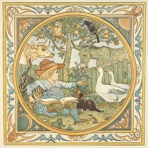 Färgillustration för "barnets egen Aesop". Ett barn i en trädgård omgiven av djur. av Walter Crane