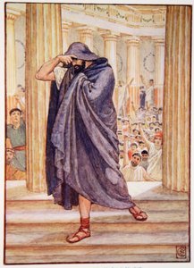 Han lämnade församlingen och gömde sitt ansikte i sin kappa, illustration från The Story of Greece av Mary Macgregor, 1:a upplagan, 1913 (färgtryck) av Walter Crane