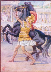 Han sprang mot hästen och tog tag i tränset, illustration från The Story of Greece, 1930-talet av Walter Crane