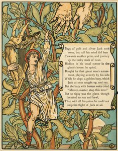 Jack nedstigande Beanstalk från Jack and the Beanstalk pub. 1875 (lito i färg) av Walter Crane