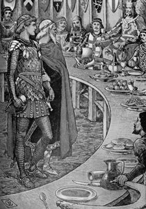 Kung Arthur- En gammal man presenterar Sir Galahad. av Walter Crane