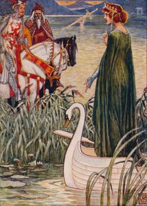 Kung Arthur ber Lady of the Lake om svärdet Excalibur, 1911. av Walter Crane