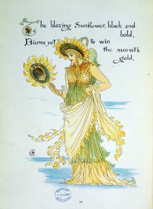 Solrosblomman (solen) personifierar i en ung kvinna klädd i gult och grönt. Tavla 36 från ""Flora