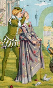 "Den romantiska överraskningen" En ung pojke täcker för en ung flickas ögon. Illustration av Walter Crane (1845-1915) och Kate Greenaway (1846-1901) av Walter Crane