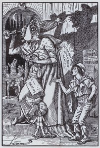 Mrs Grundy Frightened at Her Own Shadow (litho) av Walter Crane