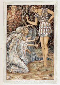 Persee and the Graia (Beotie, Grekland) - Han träffar tre gamla kvinnor (häxor?) - i "" En underbok för flickor och pojkar"" av Walter Crane (1845-1915) av Walter Crane