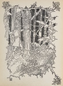 Prince Charming skär sig genom den igenvuxna skogen till Törnrosa. av Walter Crane
