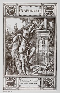 Rapunzel lutar sig ut genom fönstret i ett torn medan en prins klättrar upp i hennes hår. av Walter Crane