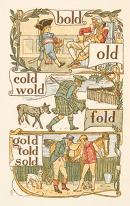 Rimande ord som slutar på bokstaven D. En pojke utklädd till en soldat. En skotte. En jockey. Den gyllene primern. av Walter Crane