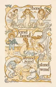 Rimande ord som slutar på bokstaven D. Sjöjungfrur. Barn som bygger sandslott på en strand. Den gyllene primern. av Walter Crane