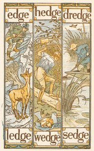 Rimande ord som slutar på bokstaven E. The Golden primer. av Walter Crane