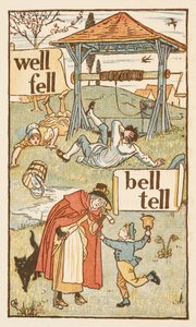 Rimande ord som slutar på bokstaven L. En pojke med en klocka. En gammal kvinna och hennes katt. Den gyllene primern. av Walter Crane