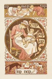 Rimande ord som slutar på bokstaven P. En illustration som visar en kvinna som matar ett barn. Den gyllene primern. av Walter Crane