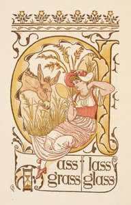 Rimande ord som slutar på bokstaven S. En kvinna som håller i en ansiktsspegel. Den gyllene primern. av Walter Crane