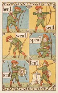 Rimande ord som slutar på bokstaven T. En pojke med pil och båge. Den gyllene primern. av Walter Crane