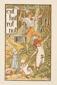 Rimande ord som slutar på bokstaven T. En illustration som visar en man som skär ett träd. Tre barn är med honom. Den gyllene primern. av Walter Crane