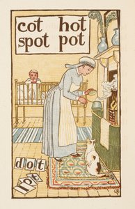 Rimande ord som slutar på bokstaven T. En illustration som visar en sköterska som kokar en gryta för ett sjukt barn. Den gyllene primern. av Walter Crane
