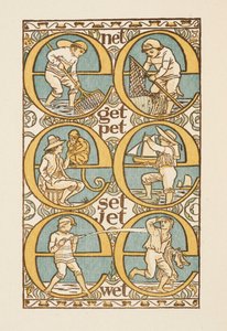 文字 E の使用を示す韻を踏む言葉。 ゴールデン プライマー. スウェーデン語 av Walter Crane