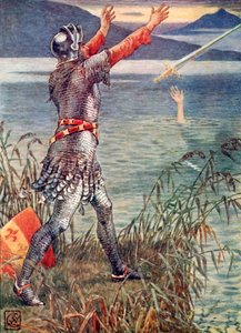 Sir Bedevere kastar svärdet Excalibur i sjön. av Walter Crane