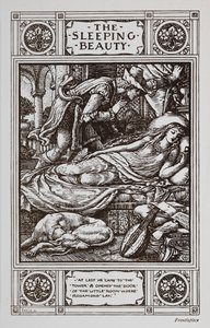 Törnrosa ligger och sover omgiven av en sovande hund och ett musikinstrument medan Prince Charming vakar över henne. av Walter Crane