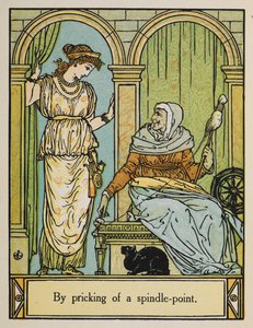 Törnrosa står bredvid en gammal kvinna med spinnhjul och tråd. En svart katt sitter under. av Walter Crane
