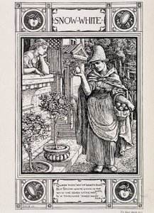 Snövit och häxan som sköter sitt äpple - i "" Hushållshistorier från samlingen av Bros Grimm", översatt från tyska av Lucy Crane, London mac millan & Co ltd av Walter Crane