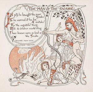Mannen & ormen, illustration från Aesops Fables, pub. 1887
