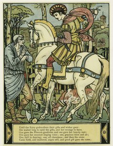 Prinsen frågar vägen, från The Blue Beard Picture Book, pub. 1879 (lito i färg) av Walter Crane