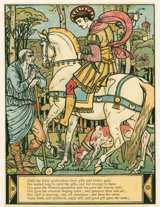 Prinsen frågar vägen, från The Blue Beard Picture Book, pub. 1879 färglitografi, 1879. av Walter Crane