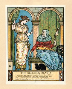 Prinsessan lär sig snurra, från The Blue Beard Picture Book, pub. 1879 färglitografi, 1879. av Walter Crane