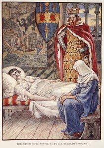 Häxan ger råd om Sir Tristrams sår, från "Stories of the Knights of the Round Table" av Henry Gilbert, första upplagan, 1911 av Walter Crane